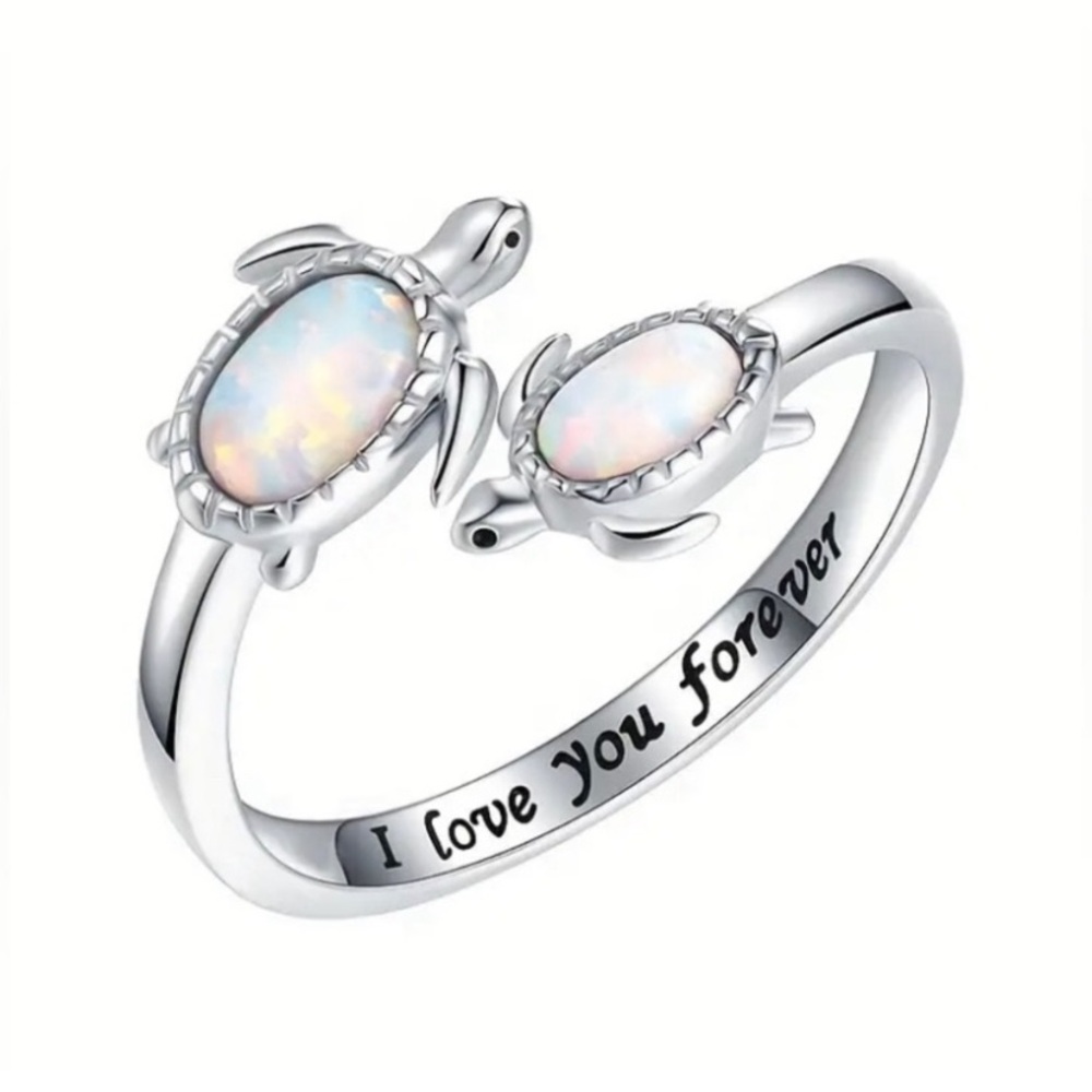 New Silver Turtle Opal Adjustable Ring - Engraved… - image 1